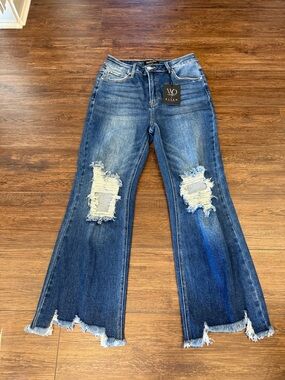 Wild Oak Boutique X RISEN Denim Distressed Flare Jeans - Blue